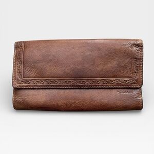 Fossil Trifold Distressed Antique Genuine Leather Women's Wallet Brown Y2K